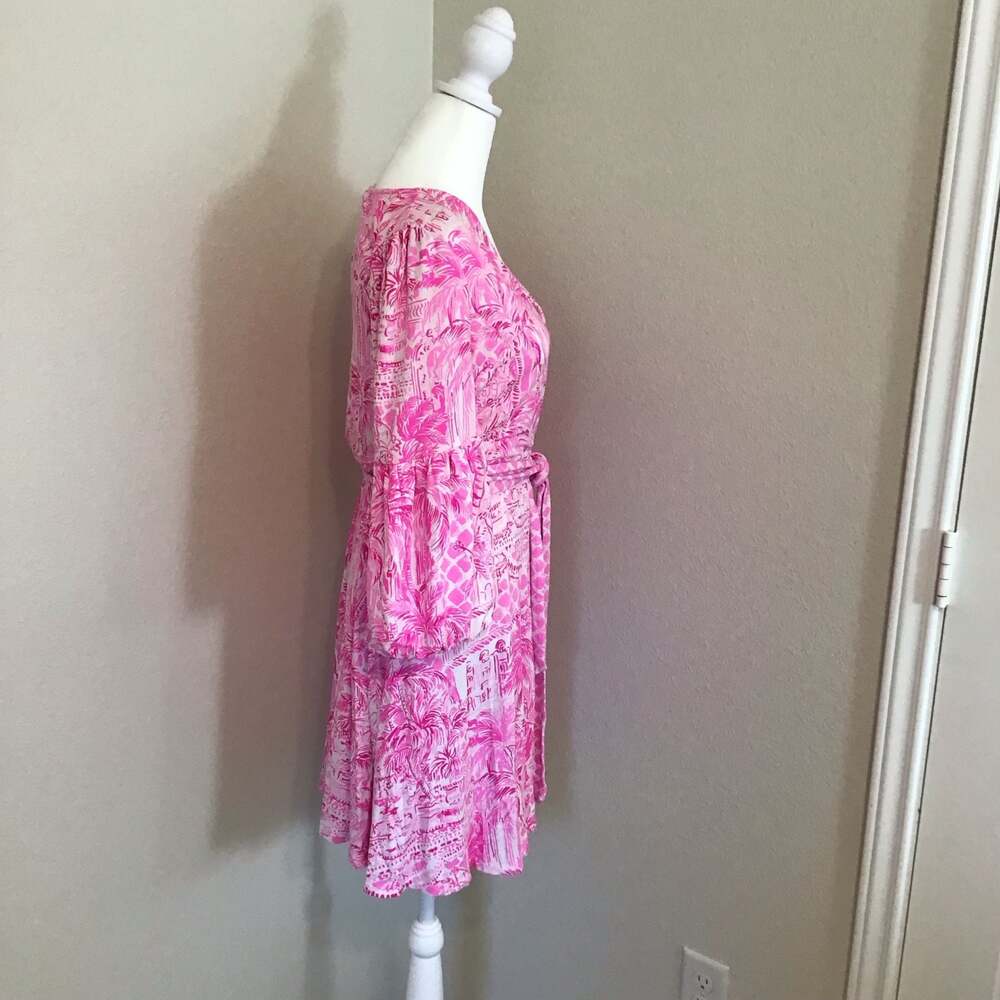 Lilly Pulitzer Chace Faux Wrap Dress Pink Blossom Palm Beach Paradise Medium - Picture 3 of 11